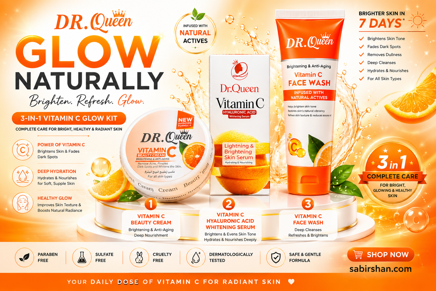 DR. Queen 3-in-1 Vitamin C Glow Kit – Face Wash, Brightening Serum & Beauty Cream